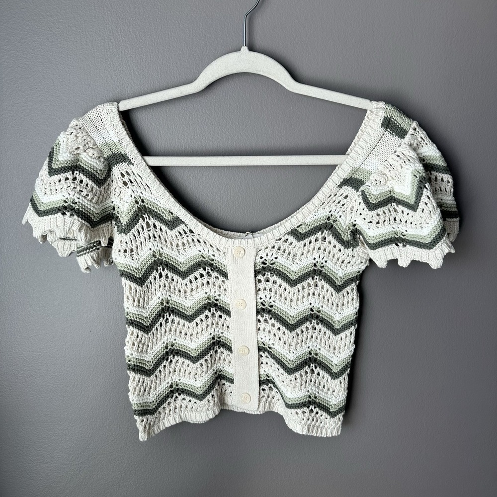 Blu Pepper Crochet Top Womens Small Ruffle Sleeves Cropped Multicolor Knit NWT - Picture 2 of 9